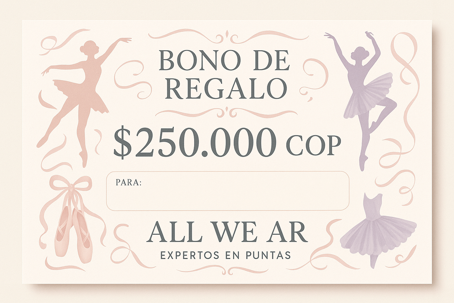 cambia el texto de TIENDA DE BALLET Y DANZA, por ALL WE AR Expertos en Puntas
