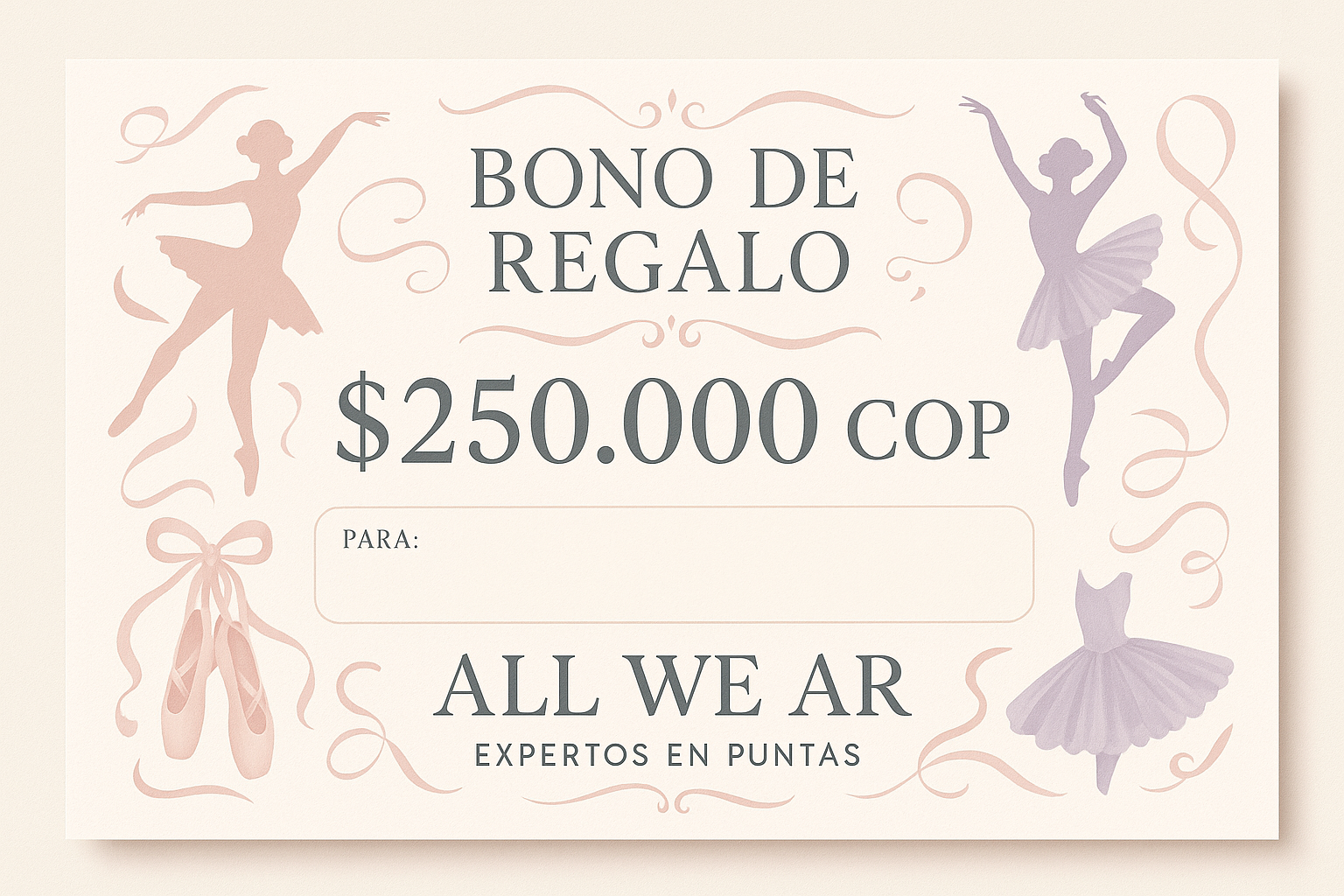 cambia el texto de TIENDA DE BALLET Y DANZA, por ALL WE AR Expertos en Puntas